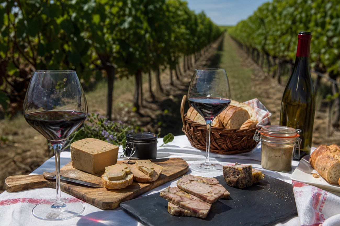A gourmet picnic lunch laid out among vineyard rows on a Bordeaux wine tour