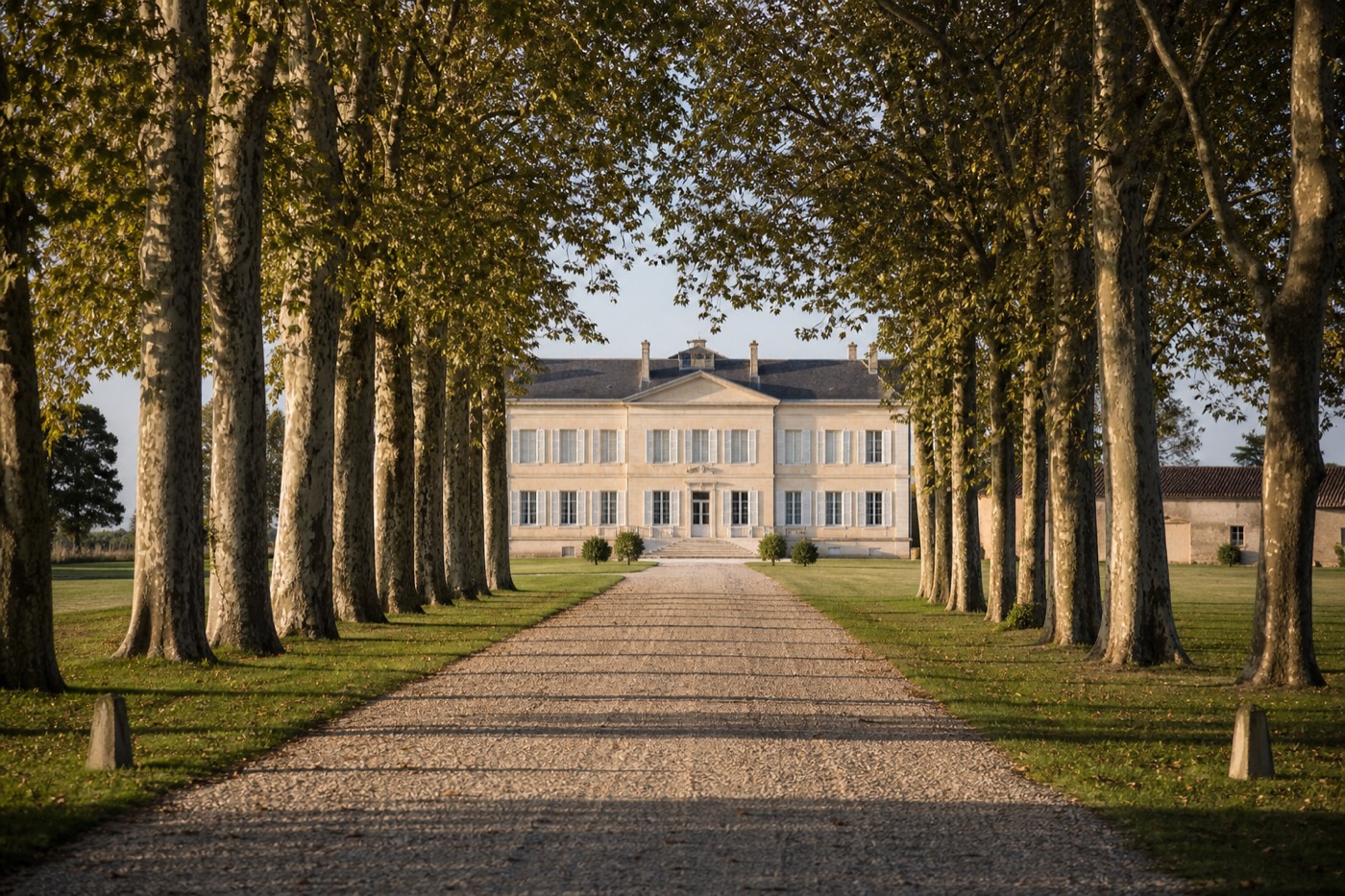 A tree-lined gravel avenue leading toward an elegant unbranded château in the Margaux appellation