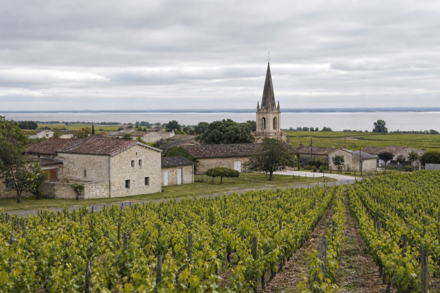 A village church spire above rows of Left Bank Médoc vineyards