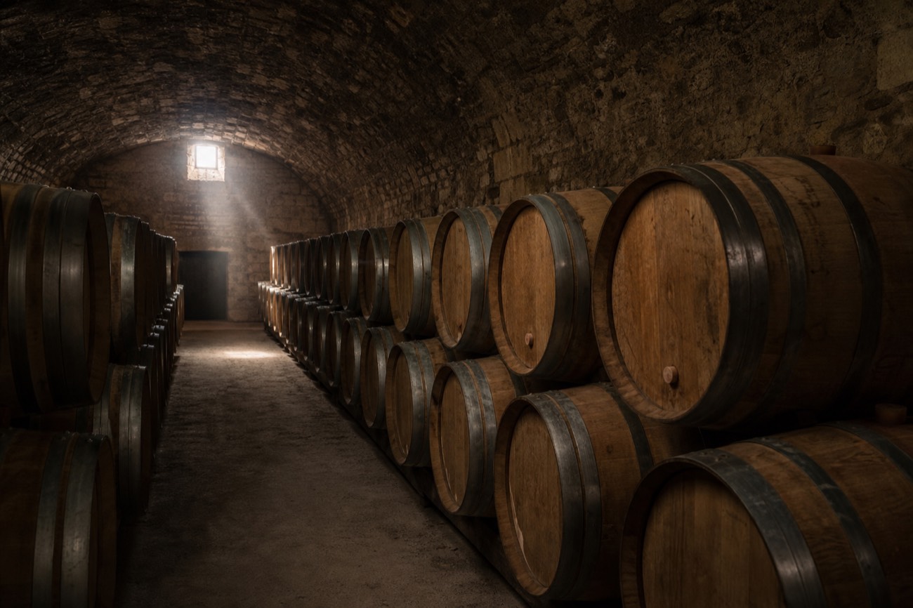 A guide pouring a glass of red wine from a barrel in a Bordeaux cellar