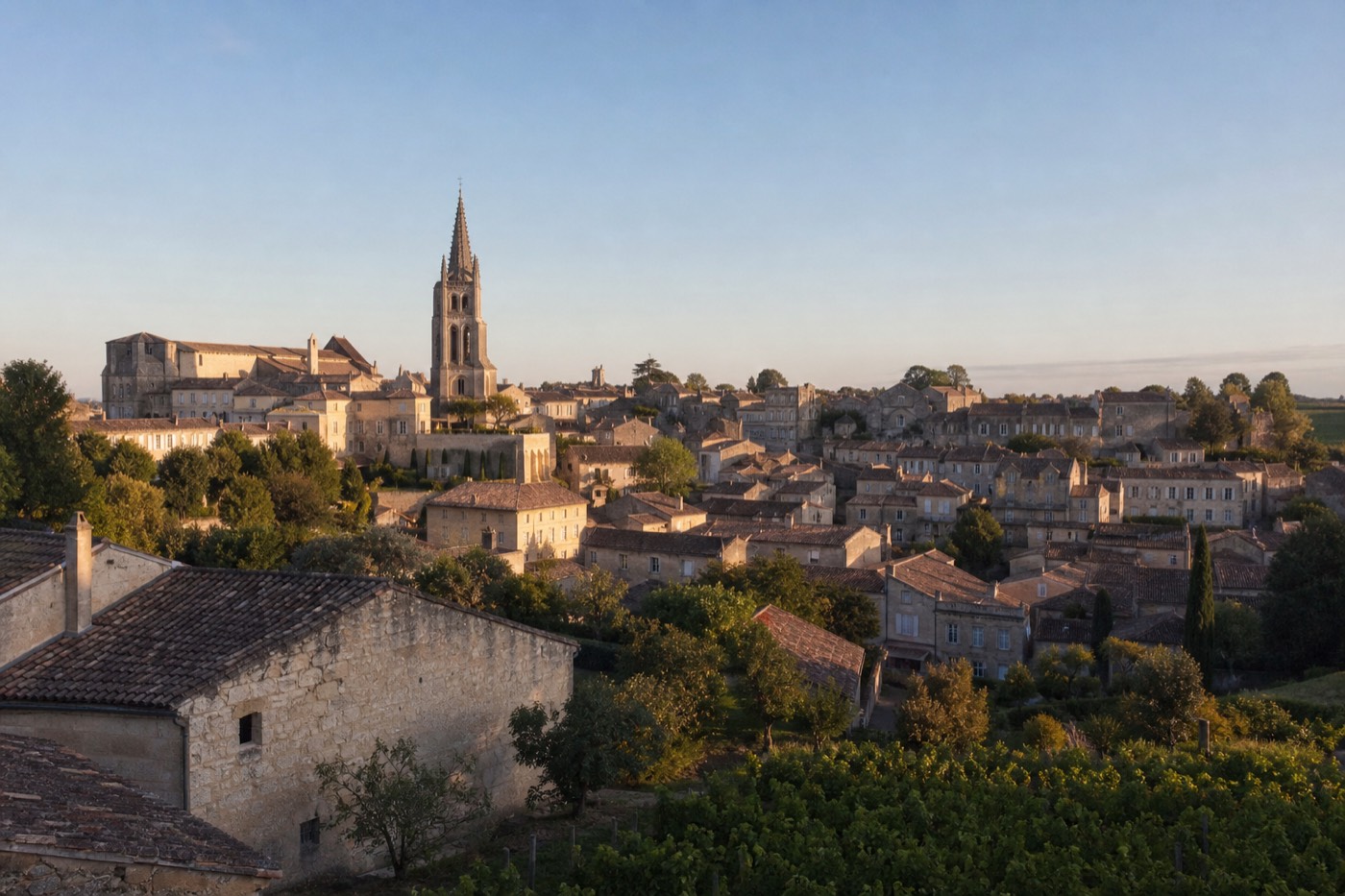 The medieval village of Saint-Émilion above its vineyards