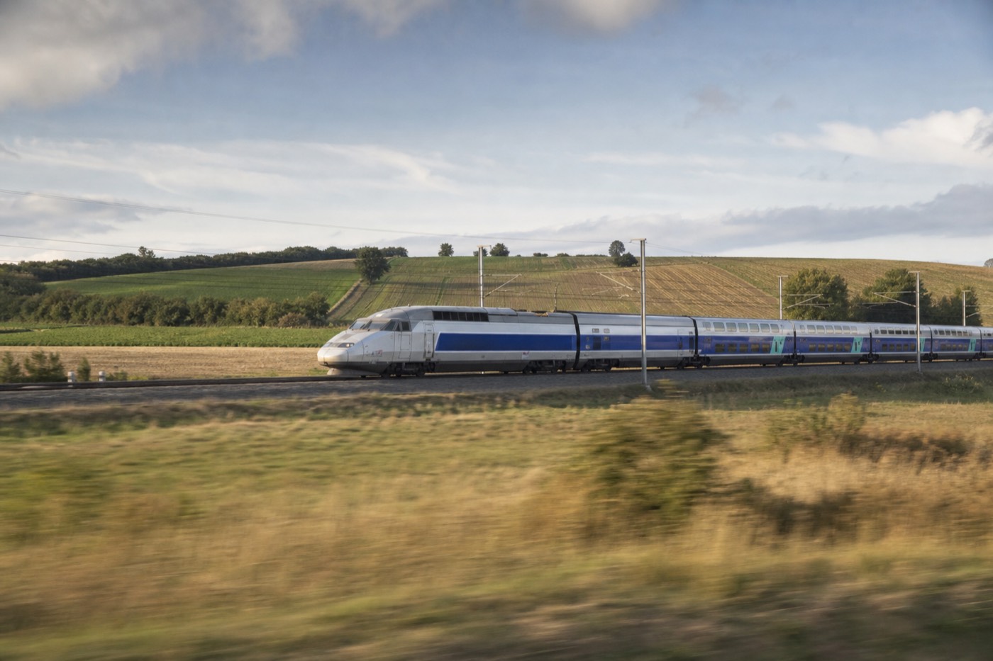 TGV high-speed train passing through French countryside en route to Bordeaux
