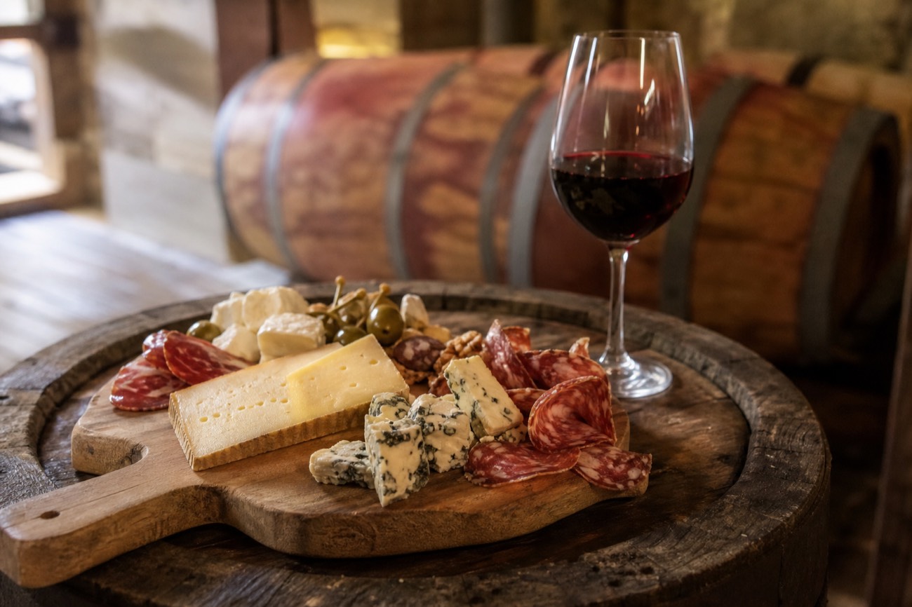 A rustic board of French cheese and cured meat beside a glass of Bordeaux red wine